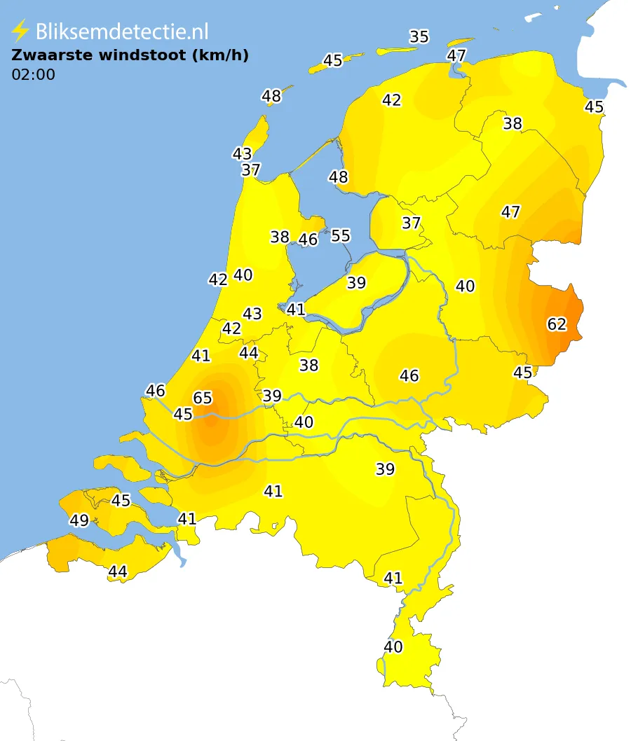 Zwaarste windstoten kaart Nederland