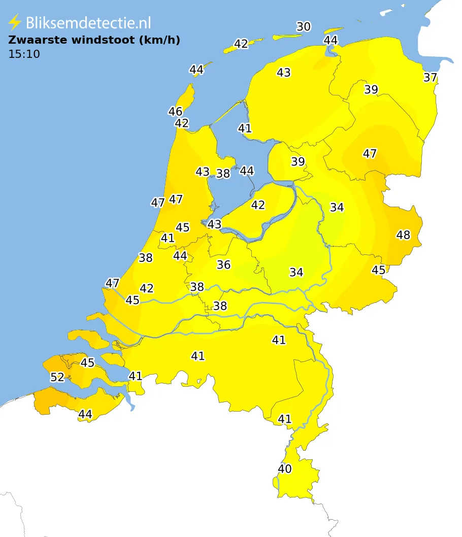 Zwaarste windstoten kaart Nederland