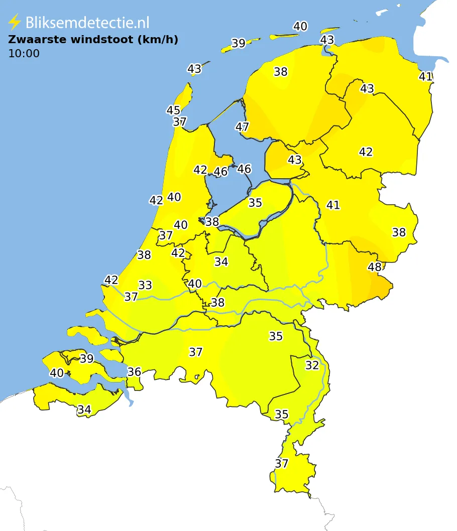 Zwaarste windstoten kaart Nederland