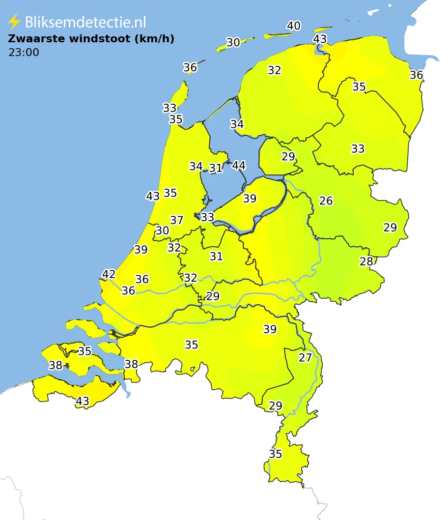 Zwaarste windstoten kaart Nederland