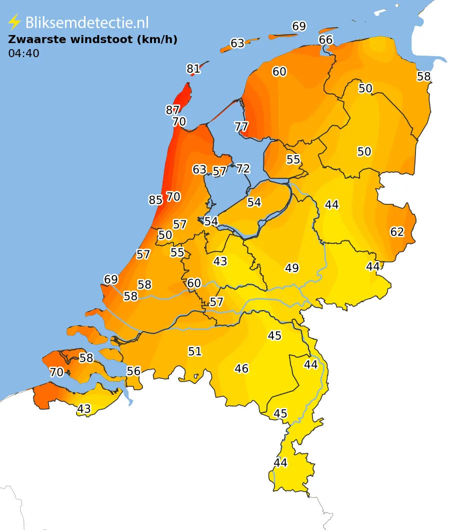 Zwaarste windstoten kaart Nederland