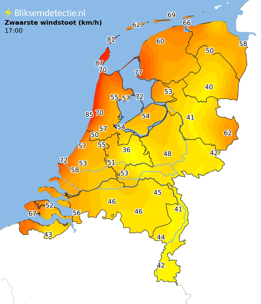 Zwaarste windstoten kaart Nederland