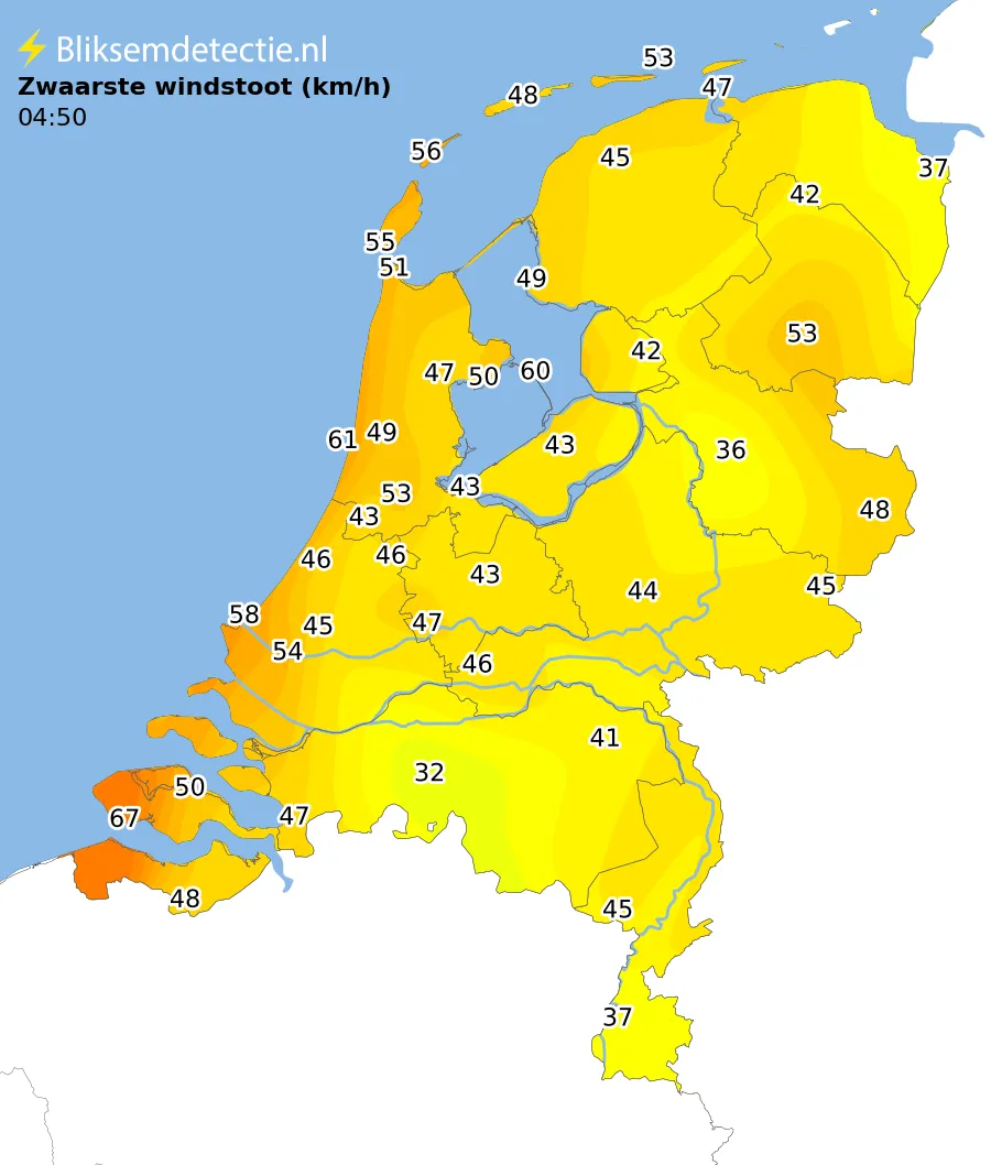 Zwaarste windstoten kaart Nederland
