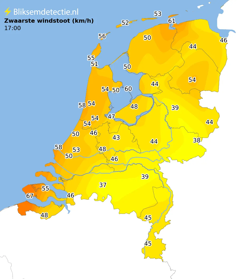 Zwaarste windstoten kaart Nederland