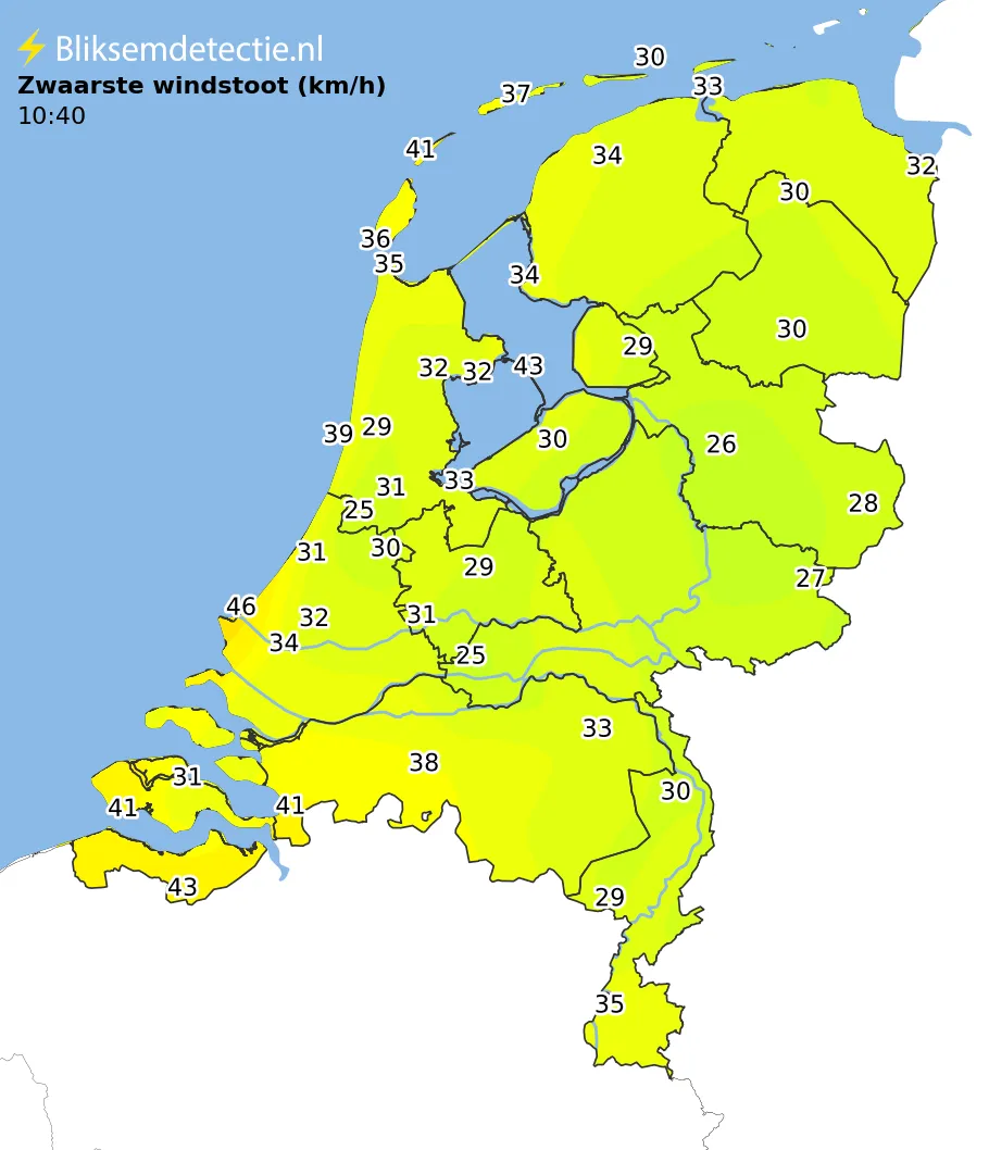 Zwaarste windstoten kaart Nederland