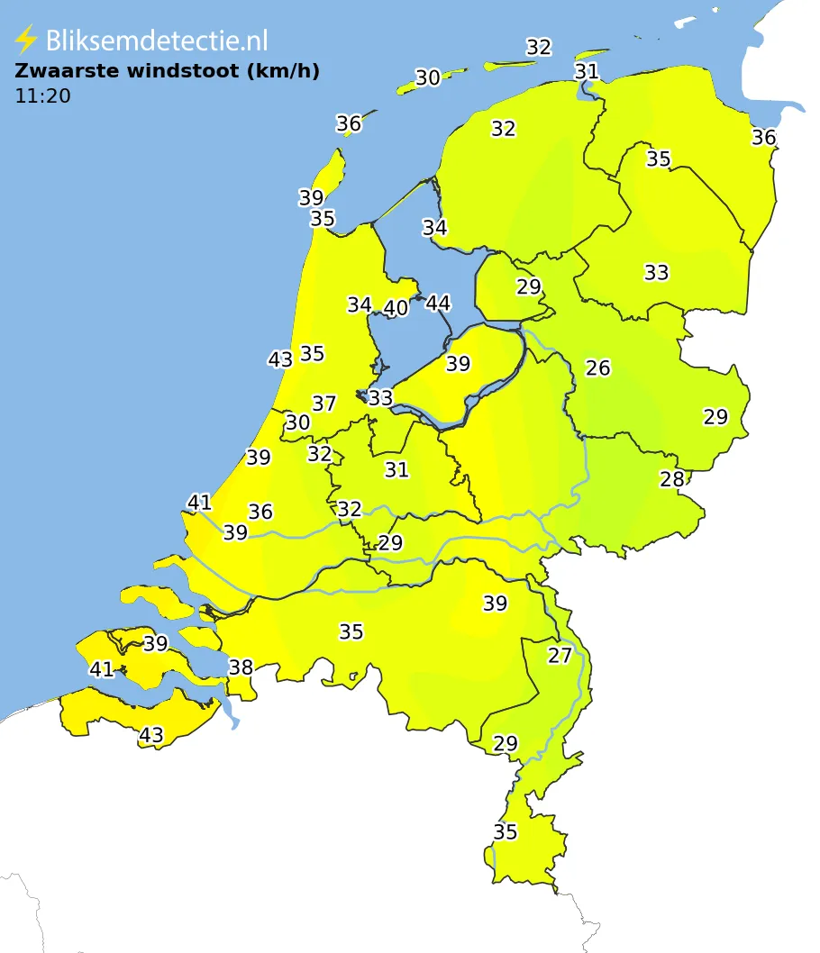 Zwaarste windstoten kaart Nederland