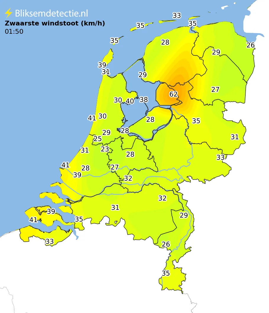 Zwaarste windstoten kaart Nederland
