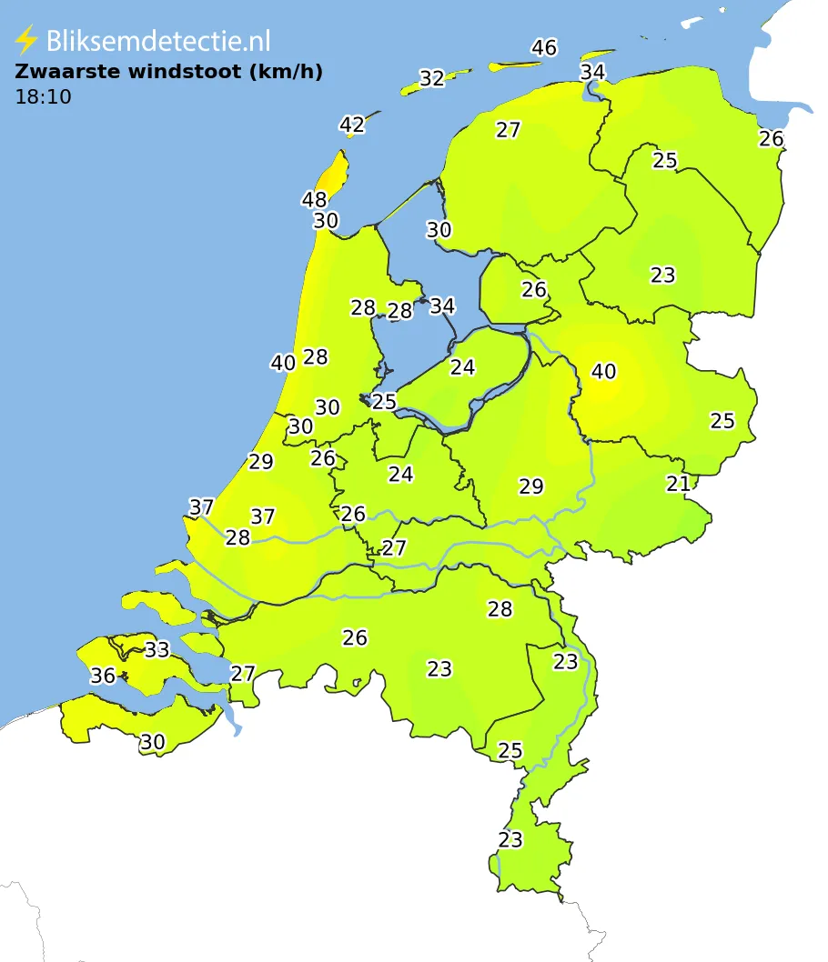 Zwaarste windstoten kaart Nederland