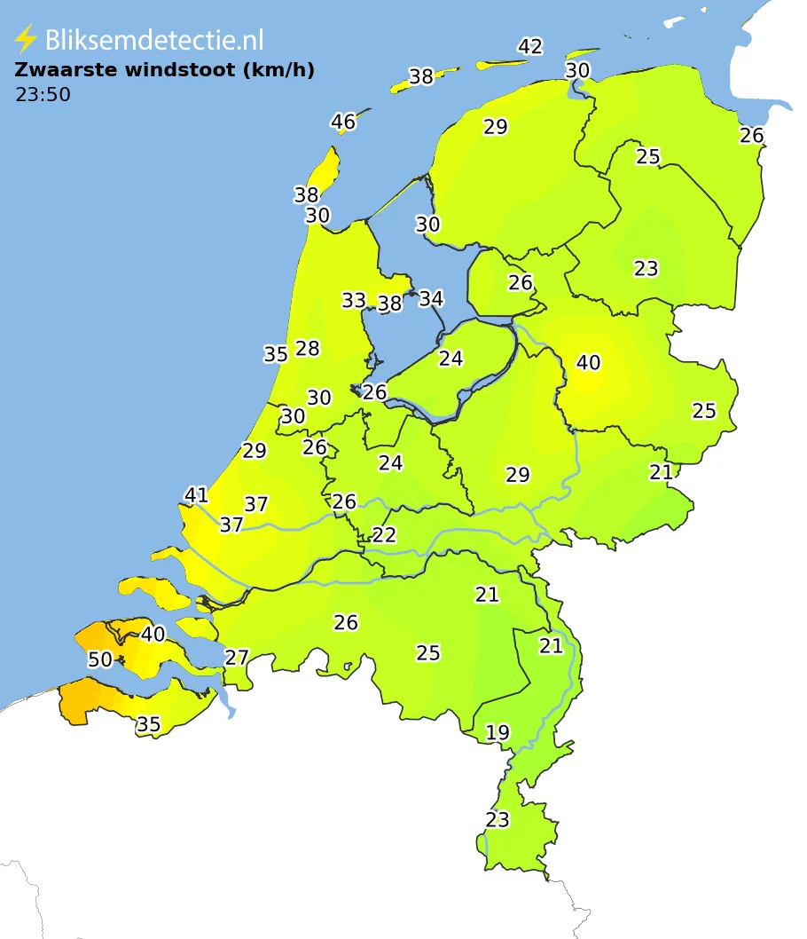 Zwaarste windstoten kaart Nederland