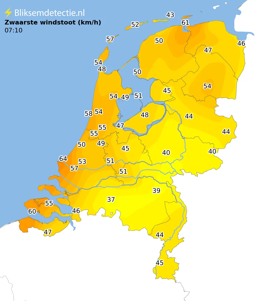 Zwaarste windstoten kaart Nederland