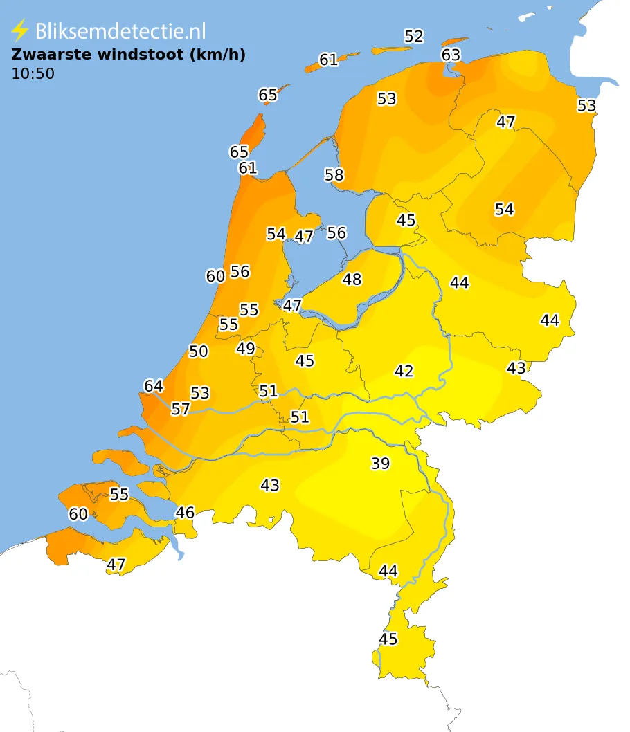 Zwaarste windstoten kaart Nederland