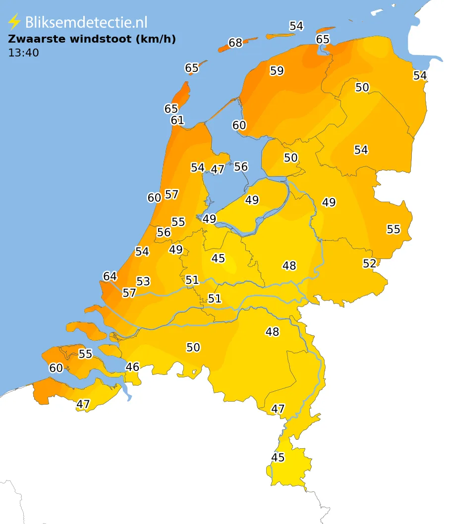 Zwaarste windstoten kaart Nederland