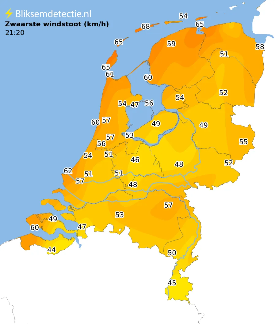 Zwaarste windstoten kaart Nederland