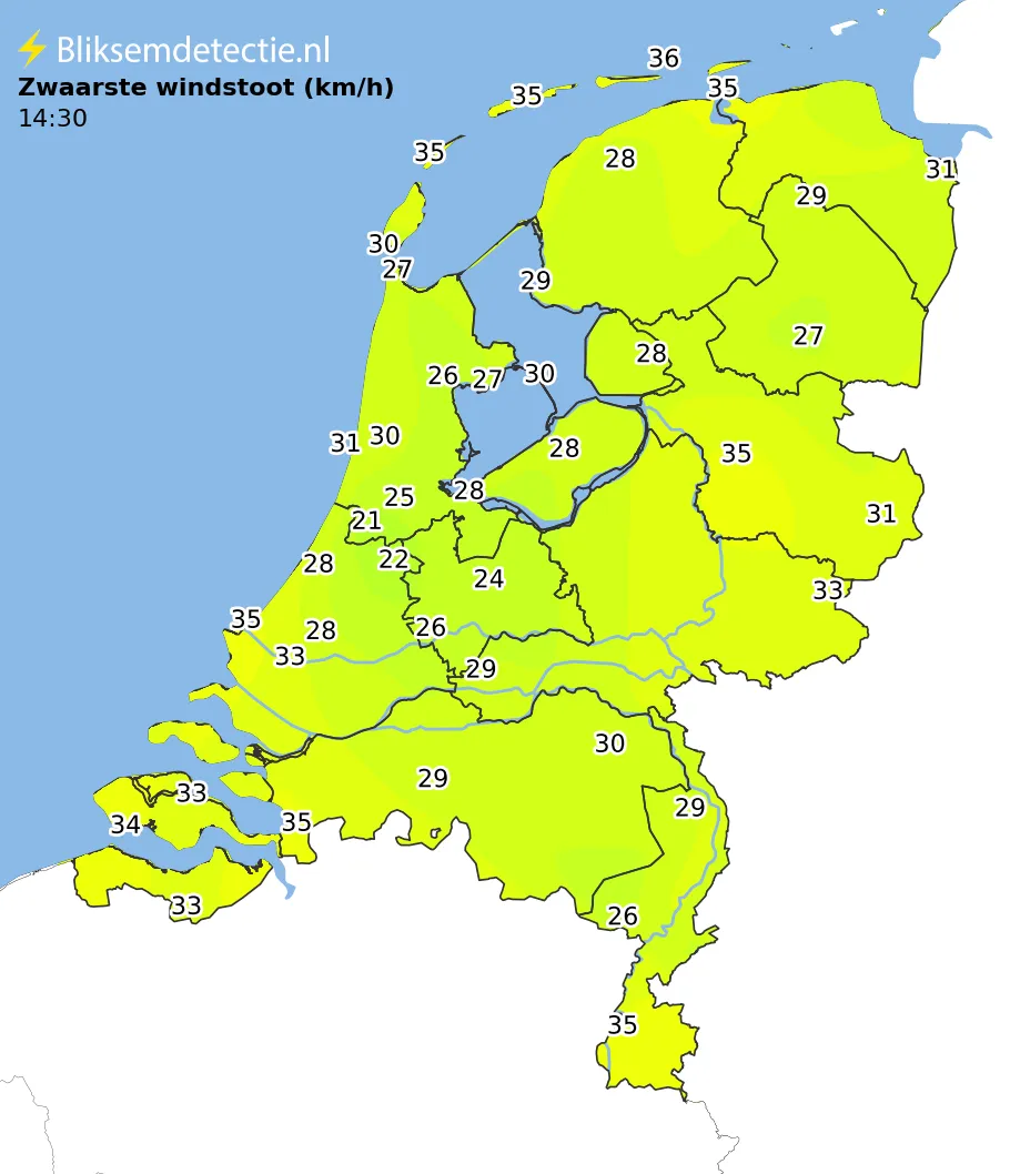 Zwaarste windstoten kaart Nederland