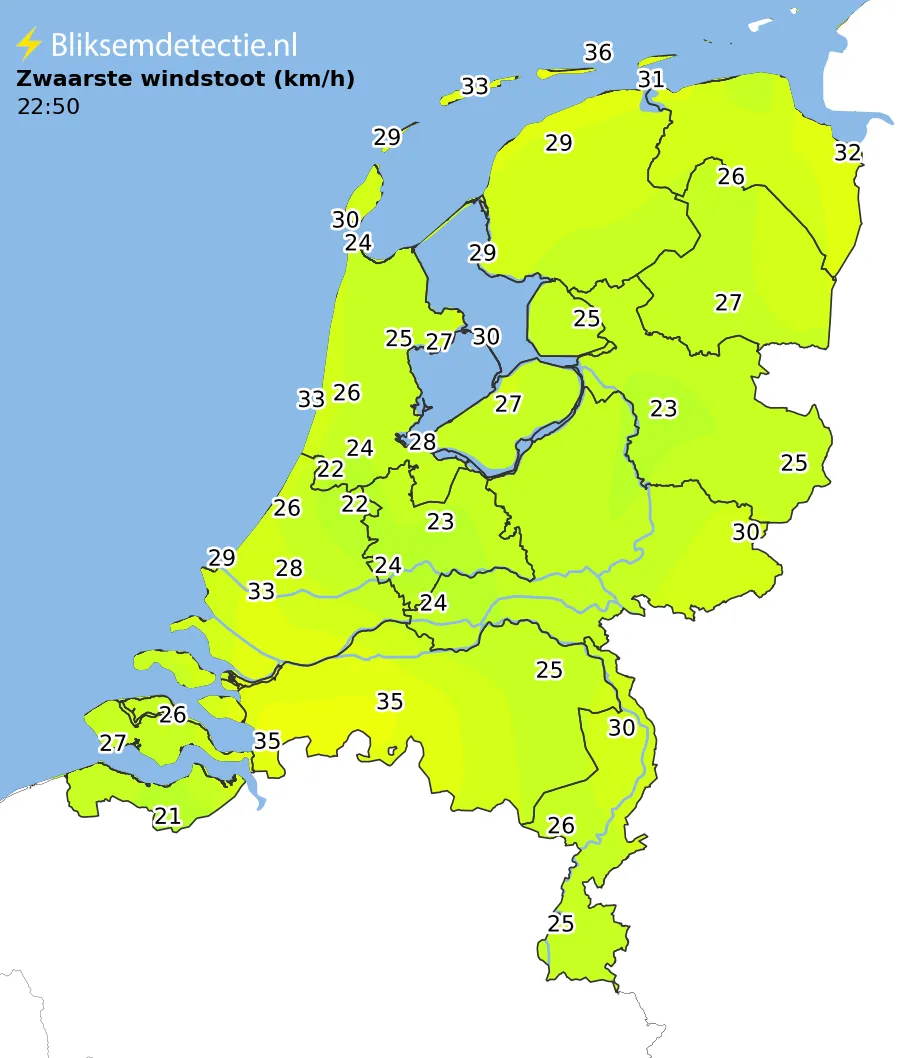 Zwaarste windstoten kaart Nederland