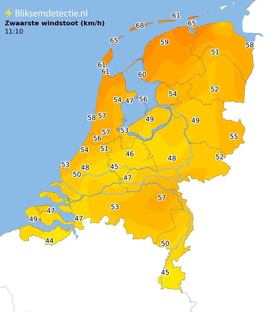 Zwaarste windstoten kaart Nederland