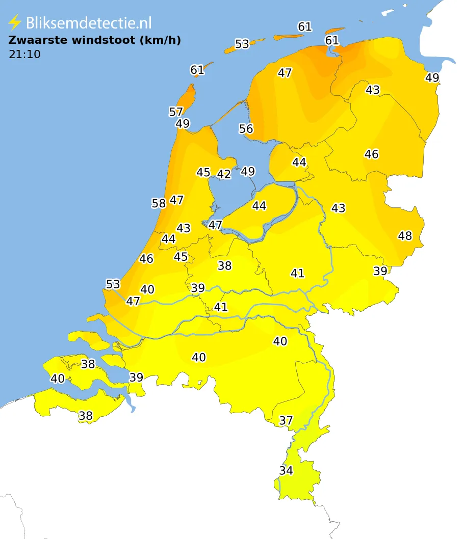Zwaarste windstoten kaart Nederland