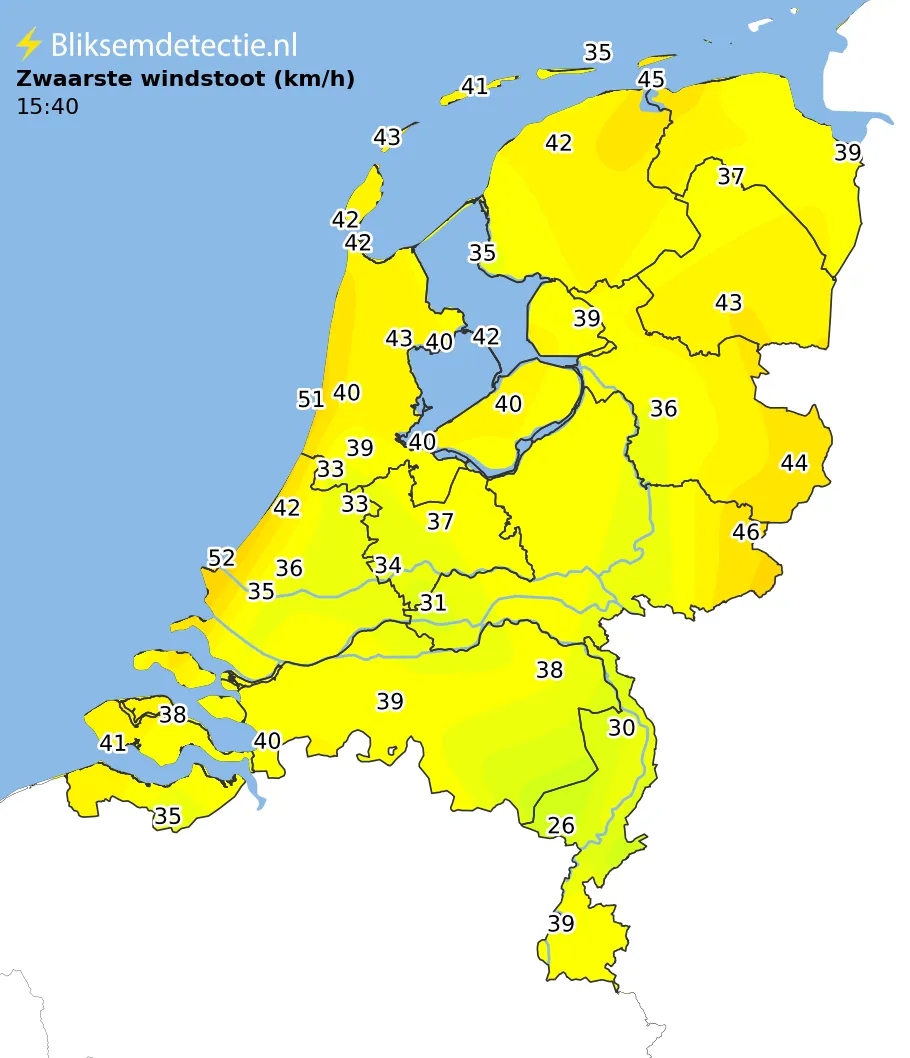 Zwaarste windstoten kaart Nederland