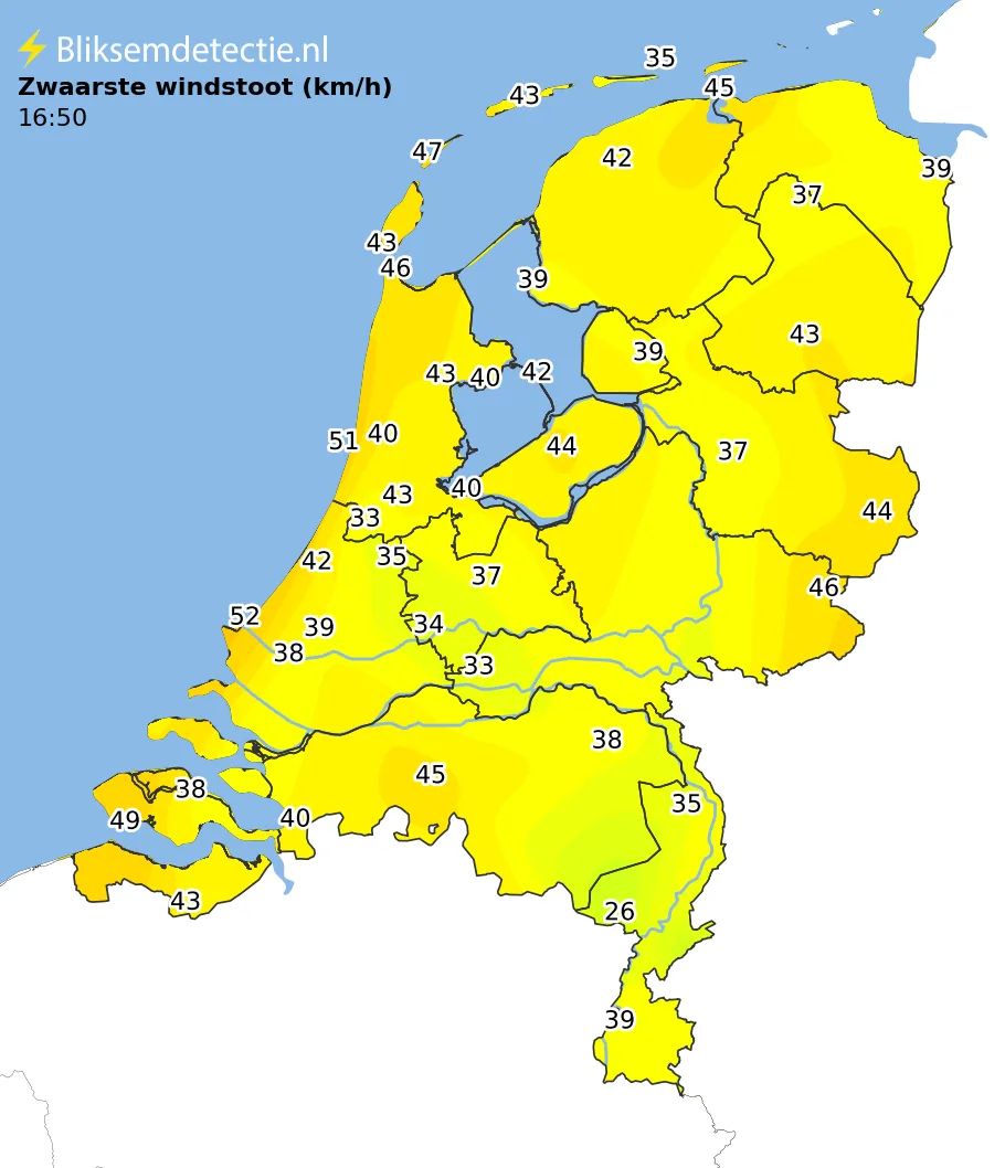 Zwaarste windstoten kaart Nederland