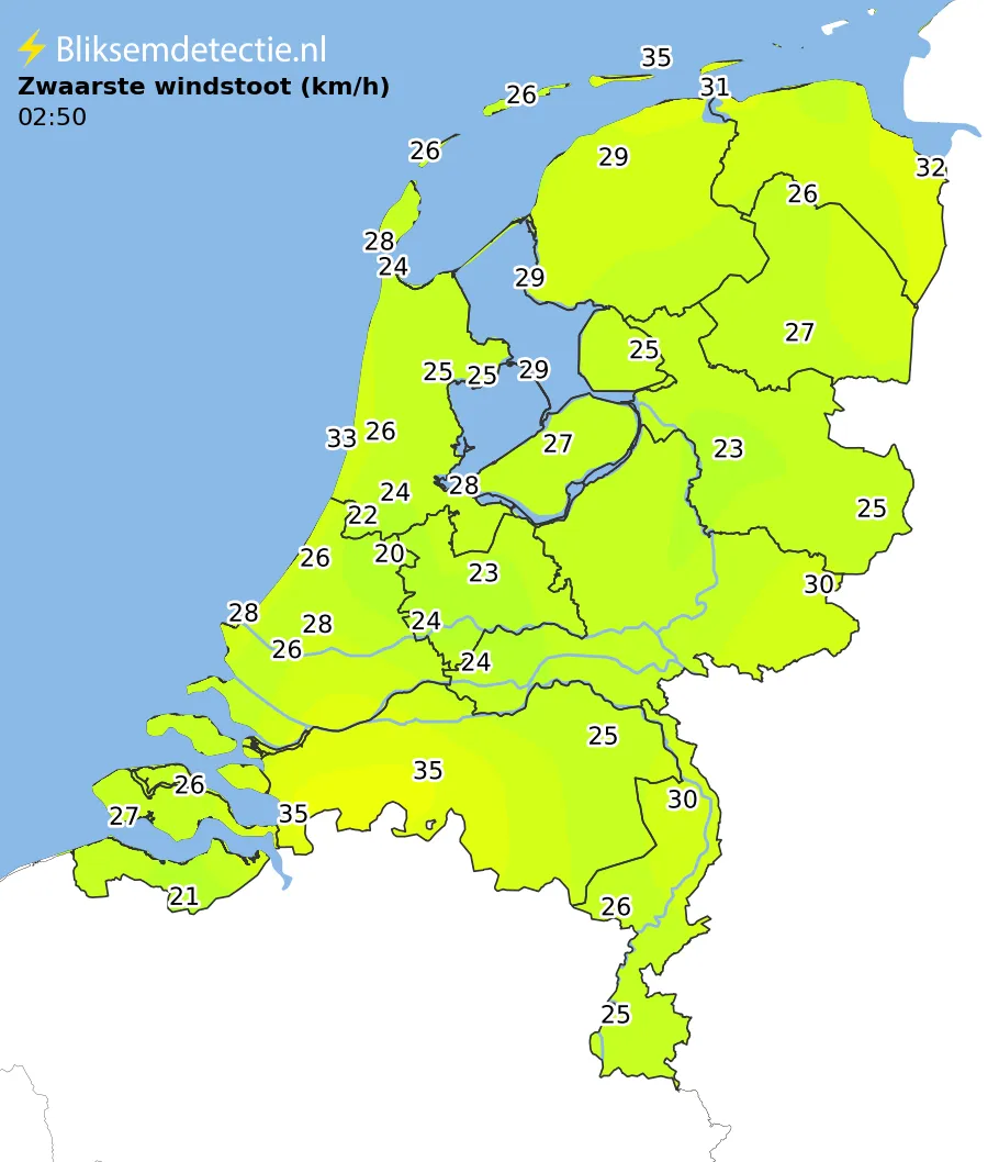 Zwaarste windstoten kaart Nederland