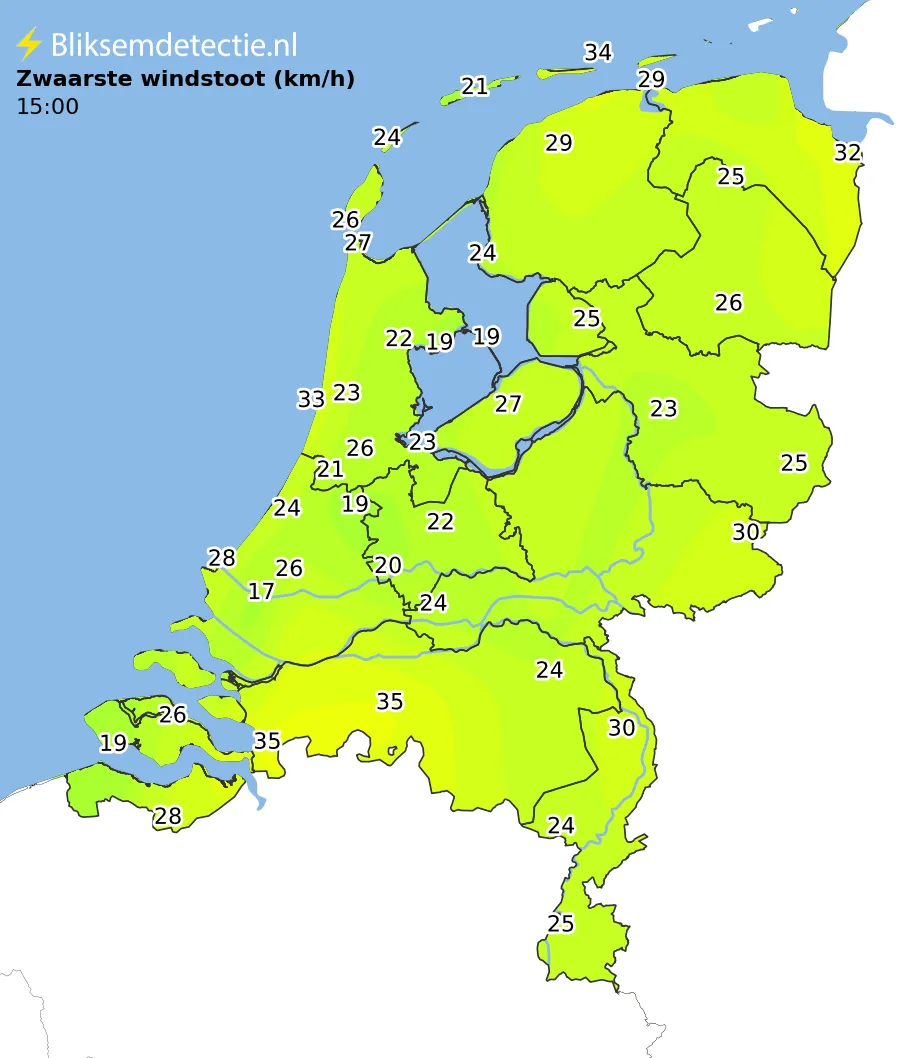 Zwaarste windstoten kaart Nederland
