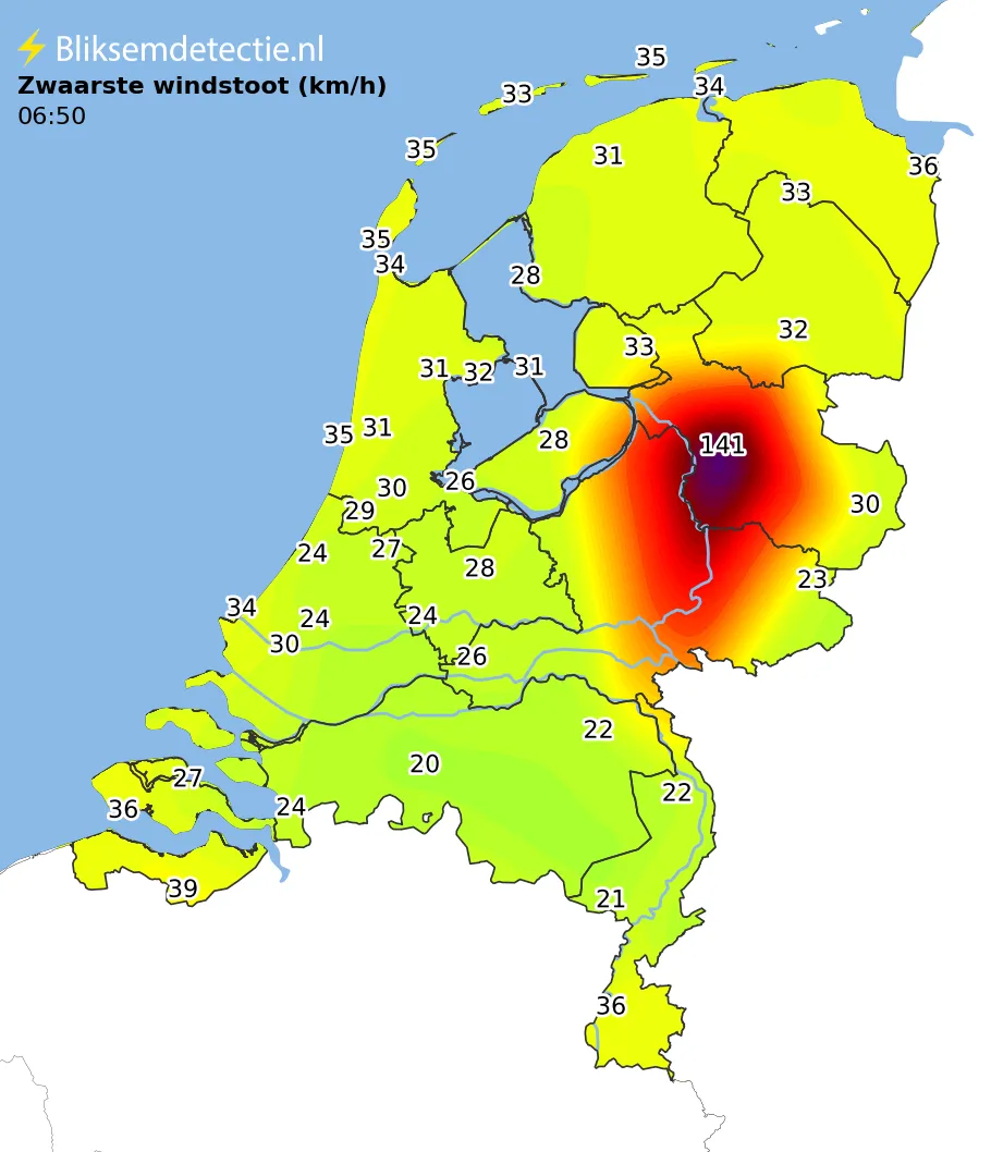 Zwaarste windstoten kaart Nederland