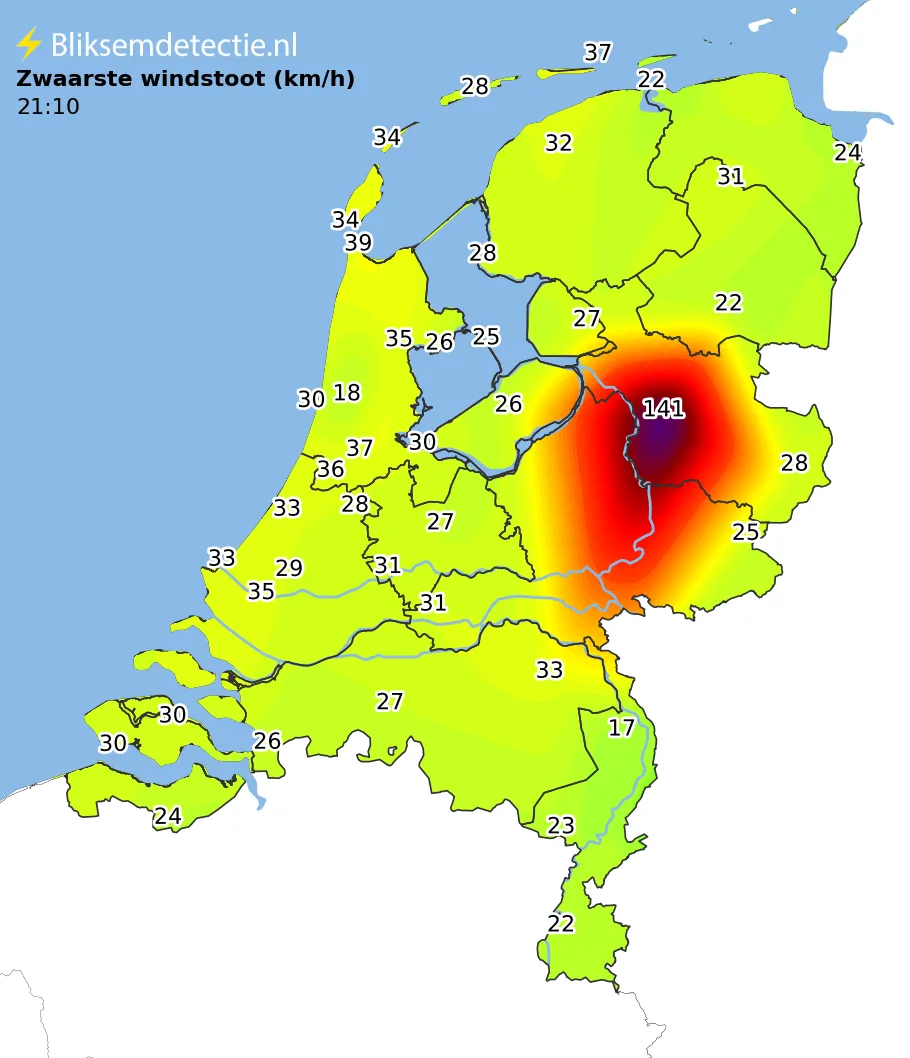 Zwaarste windstoten kaart Nederland