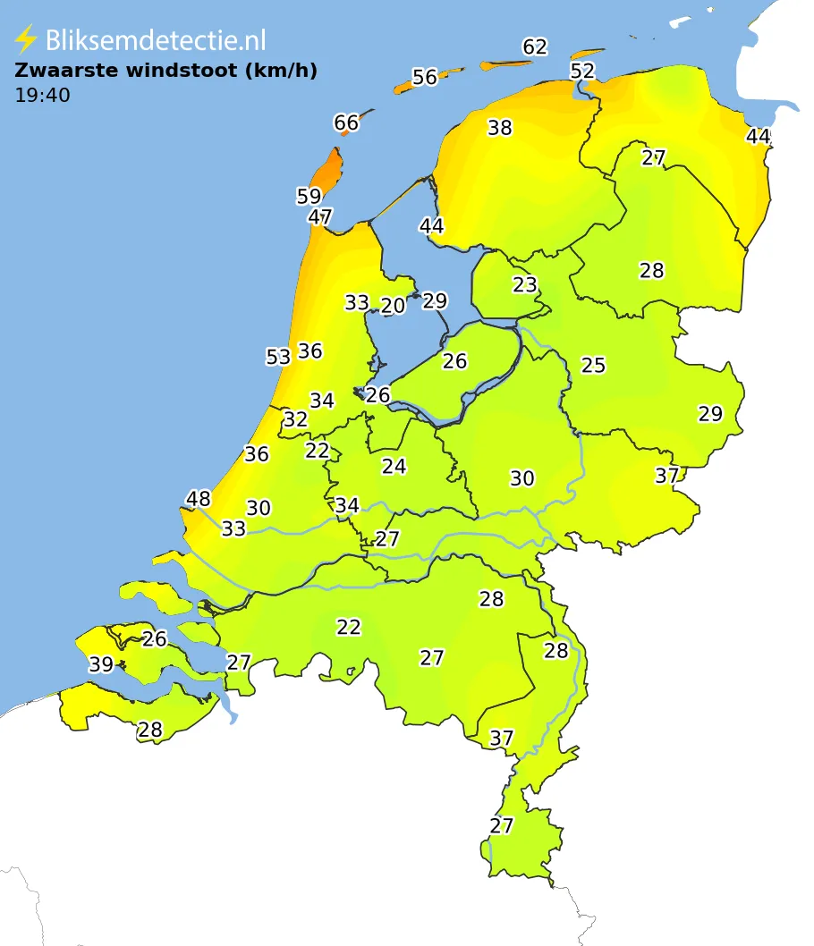 Zwaarste windstoten kaart Nederland