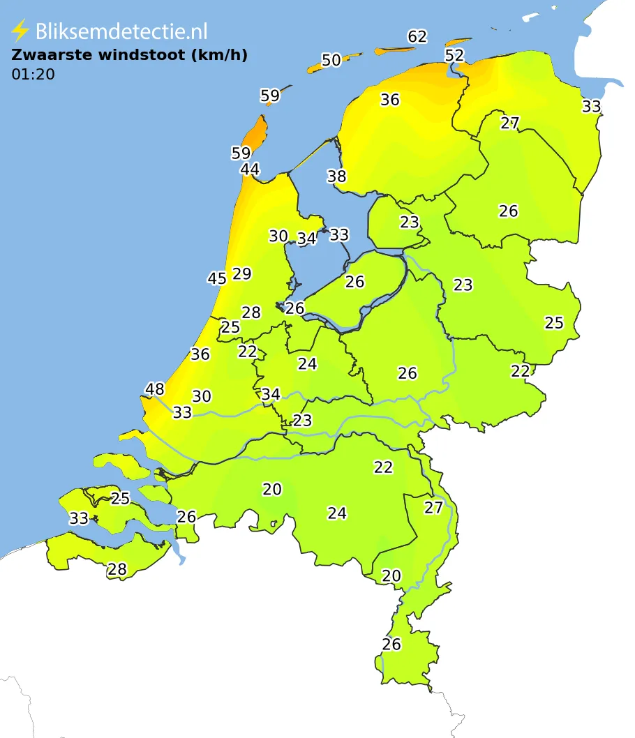Zwaarste windstoten kaart Nederland