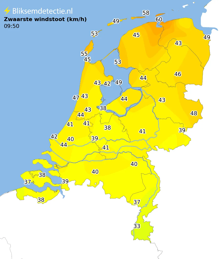 Zwaarste windstoten kaart Nederland