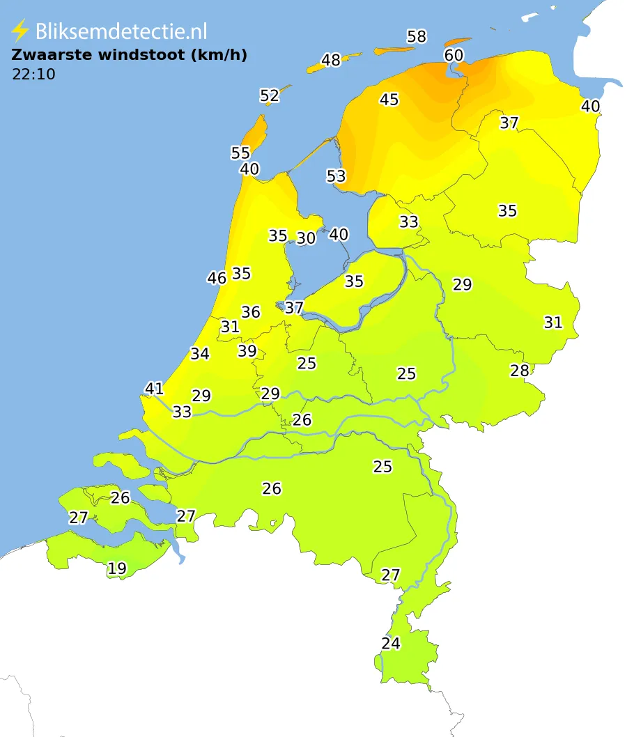 Zwaarste windstoten kaart Nederland
