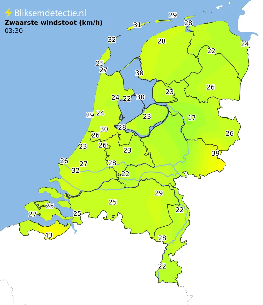 Zwaarste windstoten kaart Nederland