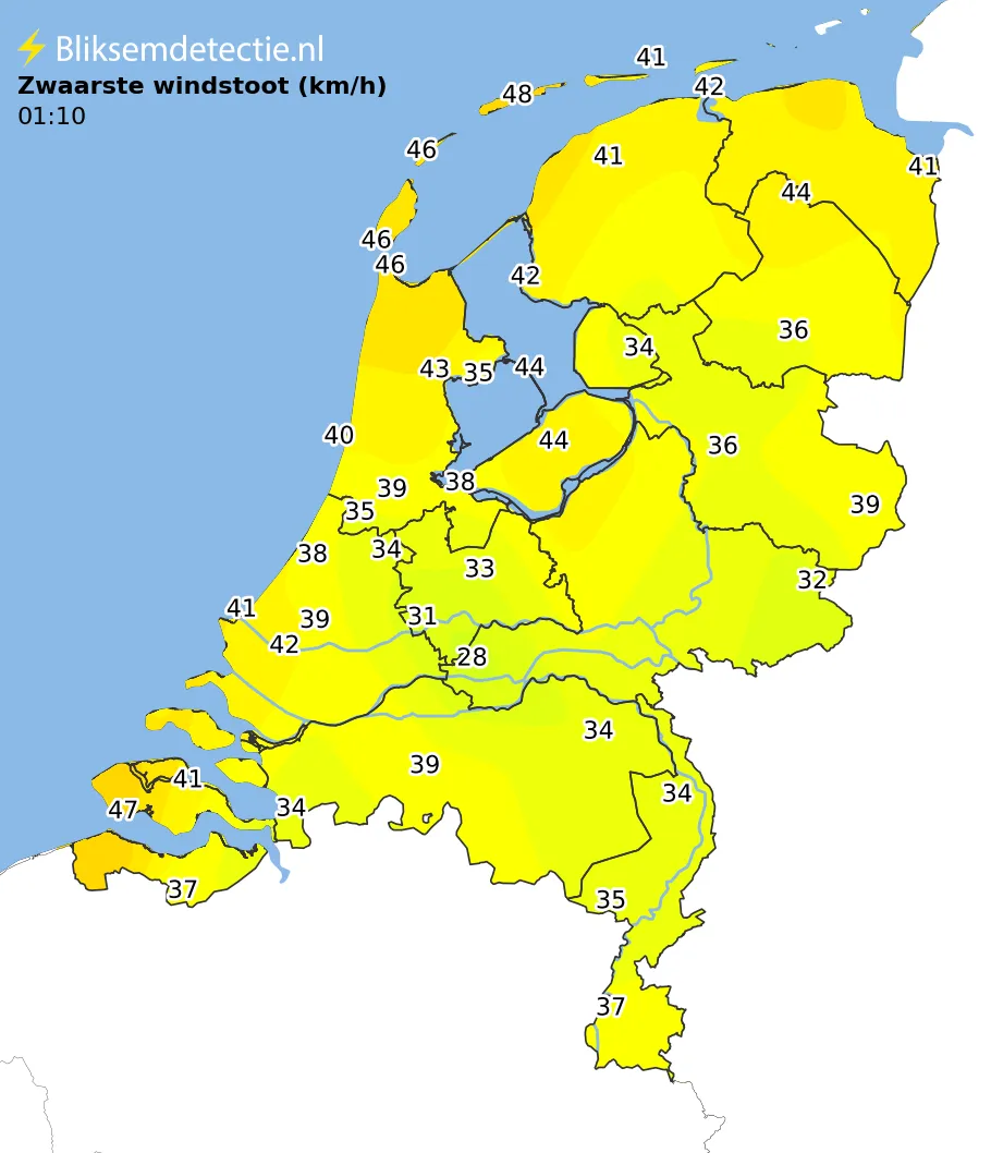 Zwaarste windstoten kaart Nederland