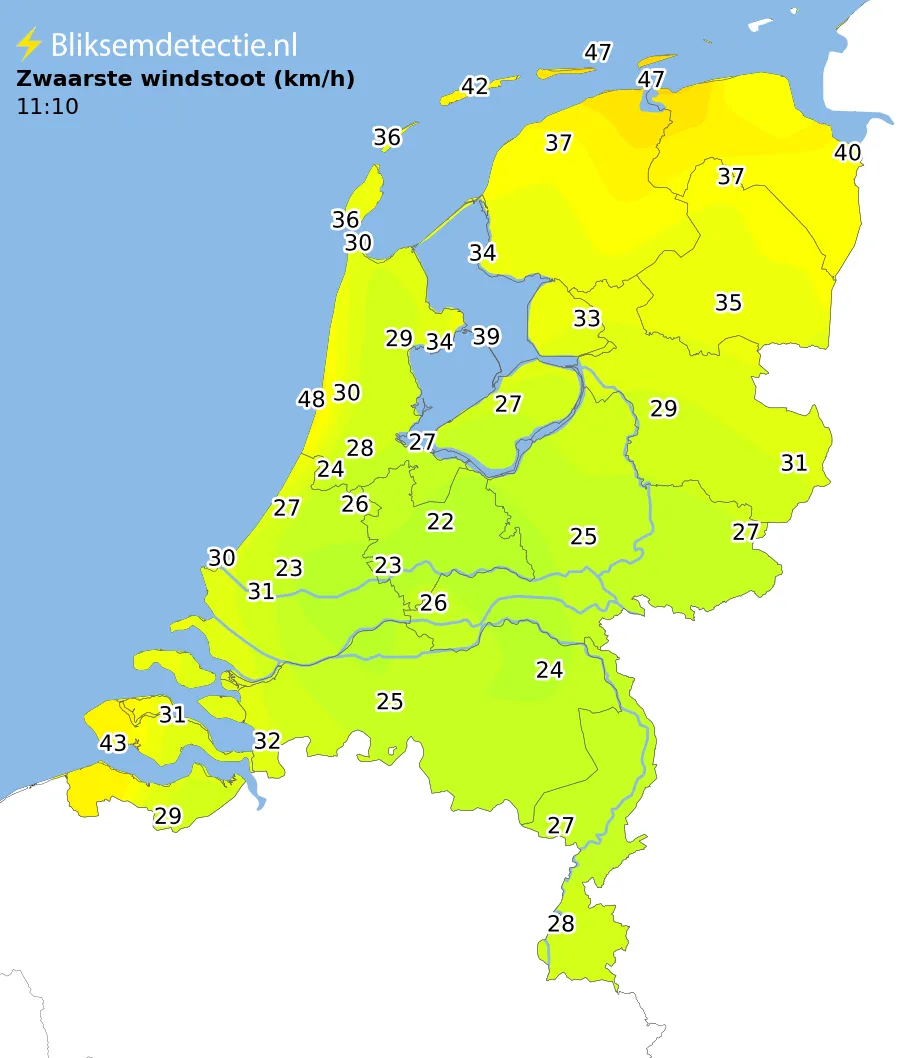 Zwaarste windstoten kaart Nederland