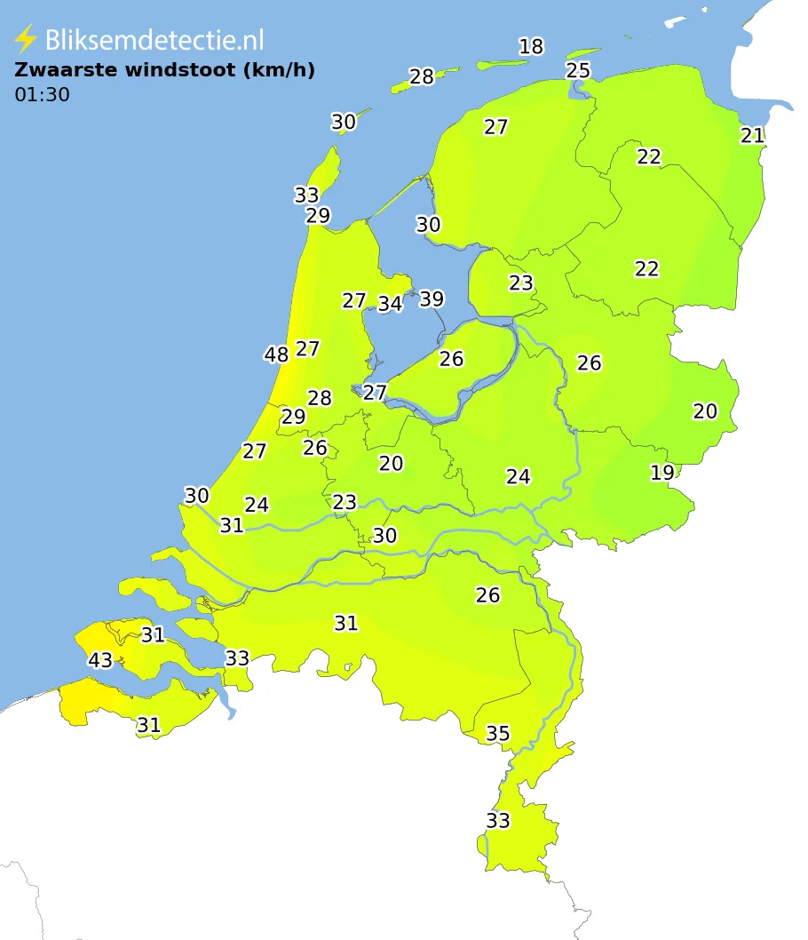 Zwaarste windstoten kaart Nederland