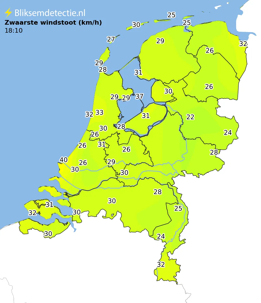 Zwaarste windstoten kaart Nederland