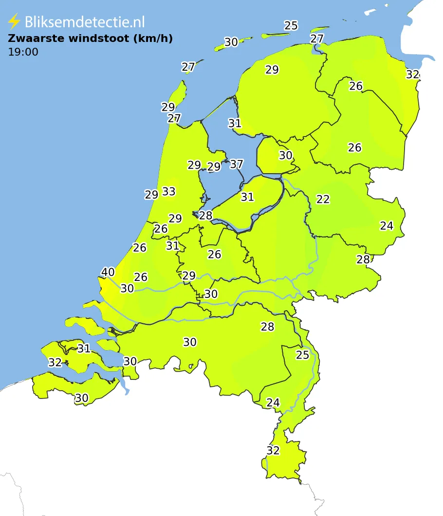 Zwaarste windstoten kaart Nederland