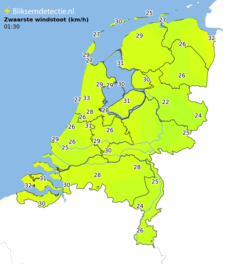 Zwaarste windstoten kaart Nederland