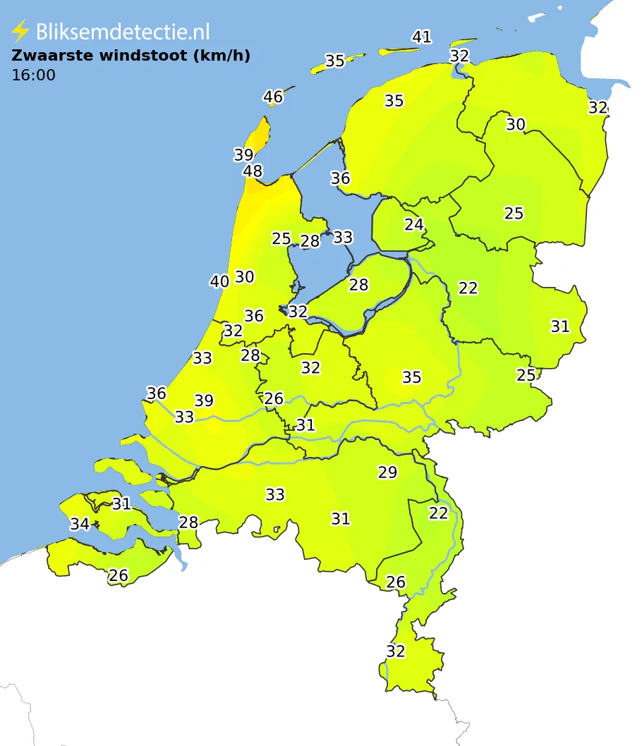 Zwaarste windstoten kaart Nederland