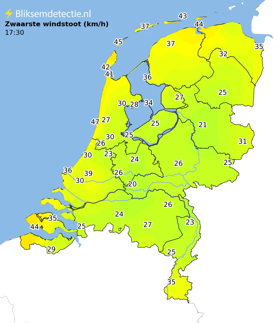 Zwaarste windstoten kaart Nederland