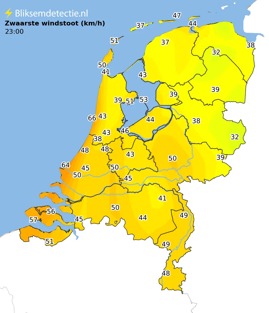 Zwaarste windstoten kaart Nederland