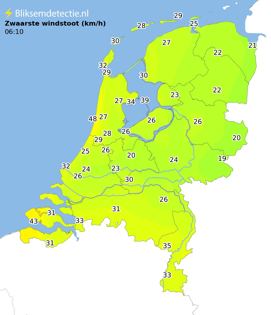 Zwaarste windstoten kaart Nederland