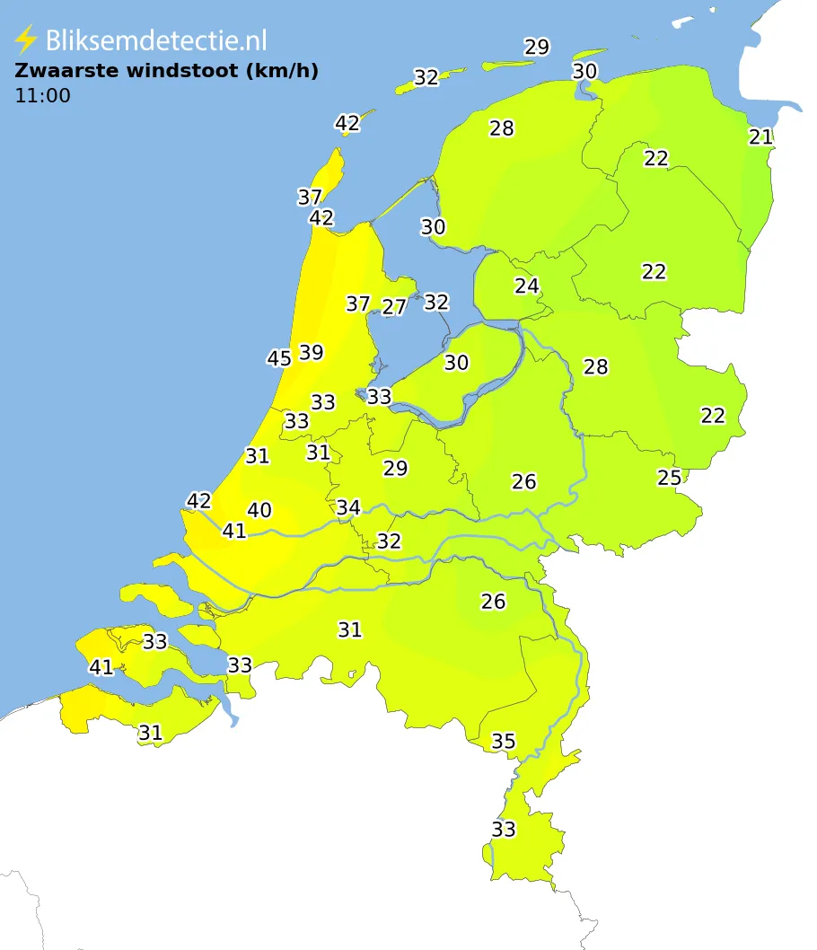 Zwaarste windstoten kaart Nederland