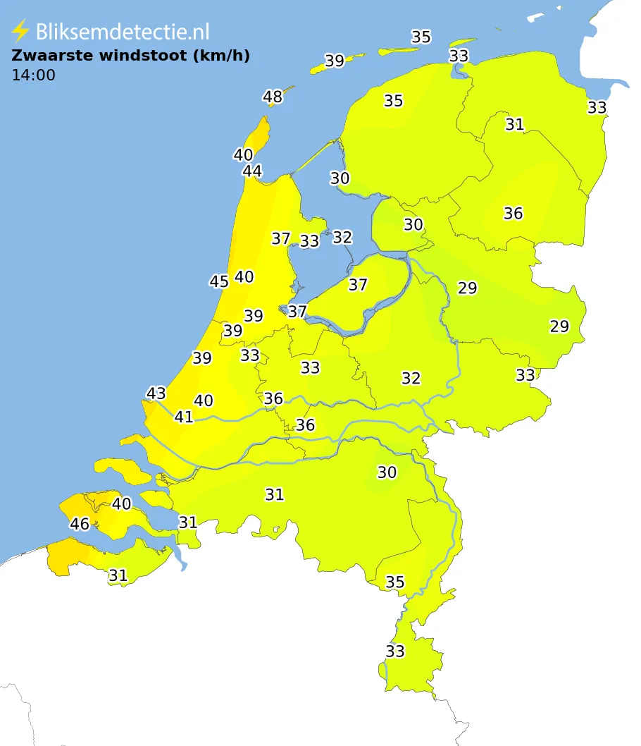 Zwaarste windstoten kaart Nederland