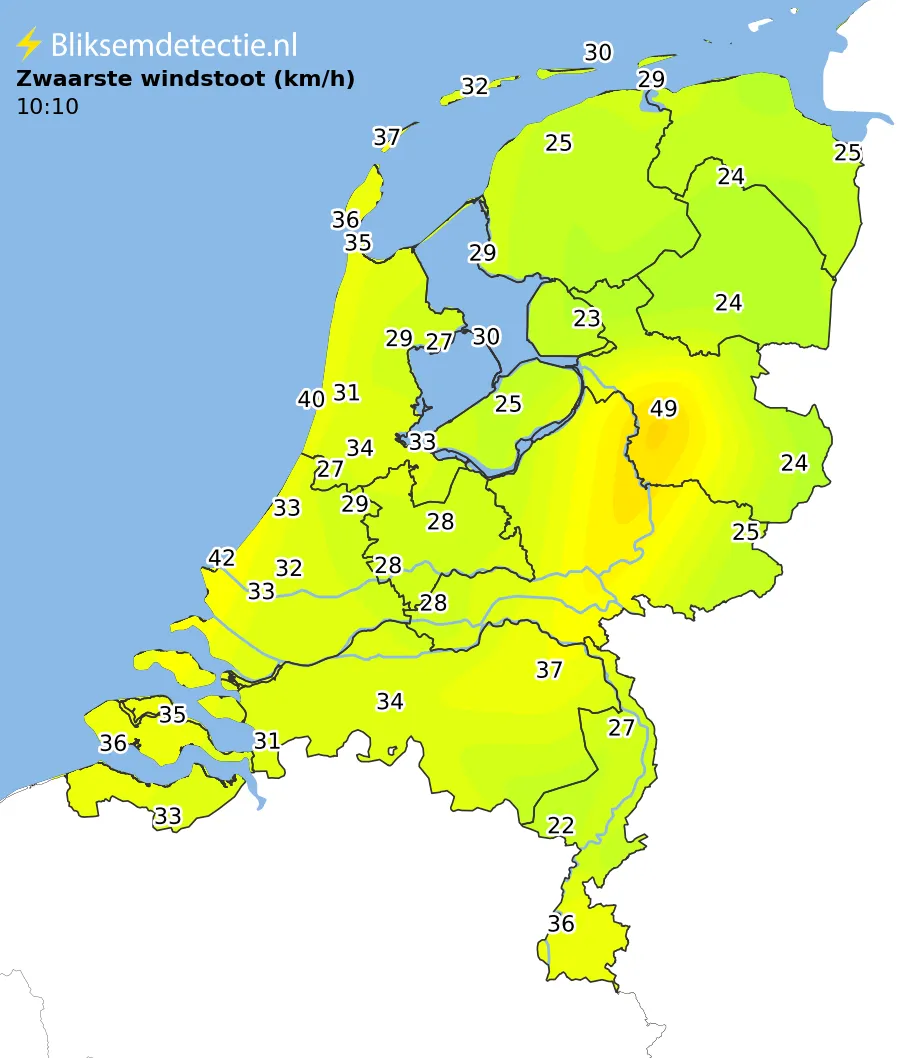 Zwaarste windstoten kaart Nederland