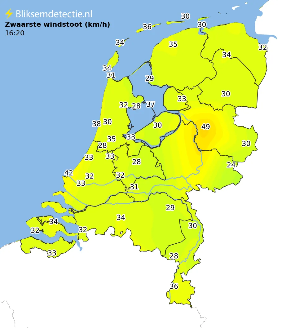 Zwaarste windstoten kaart Nederland