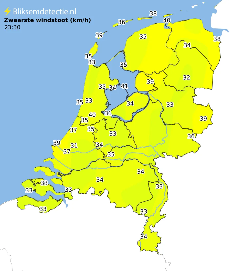 Zwaarste windstoten kaart Nederland