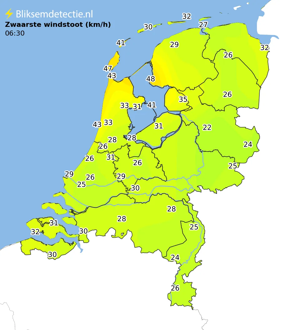 Zwaarste windstoten kaart Nederland