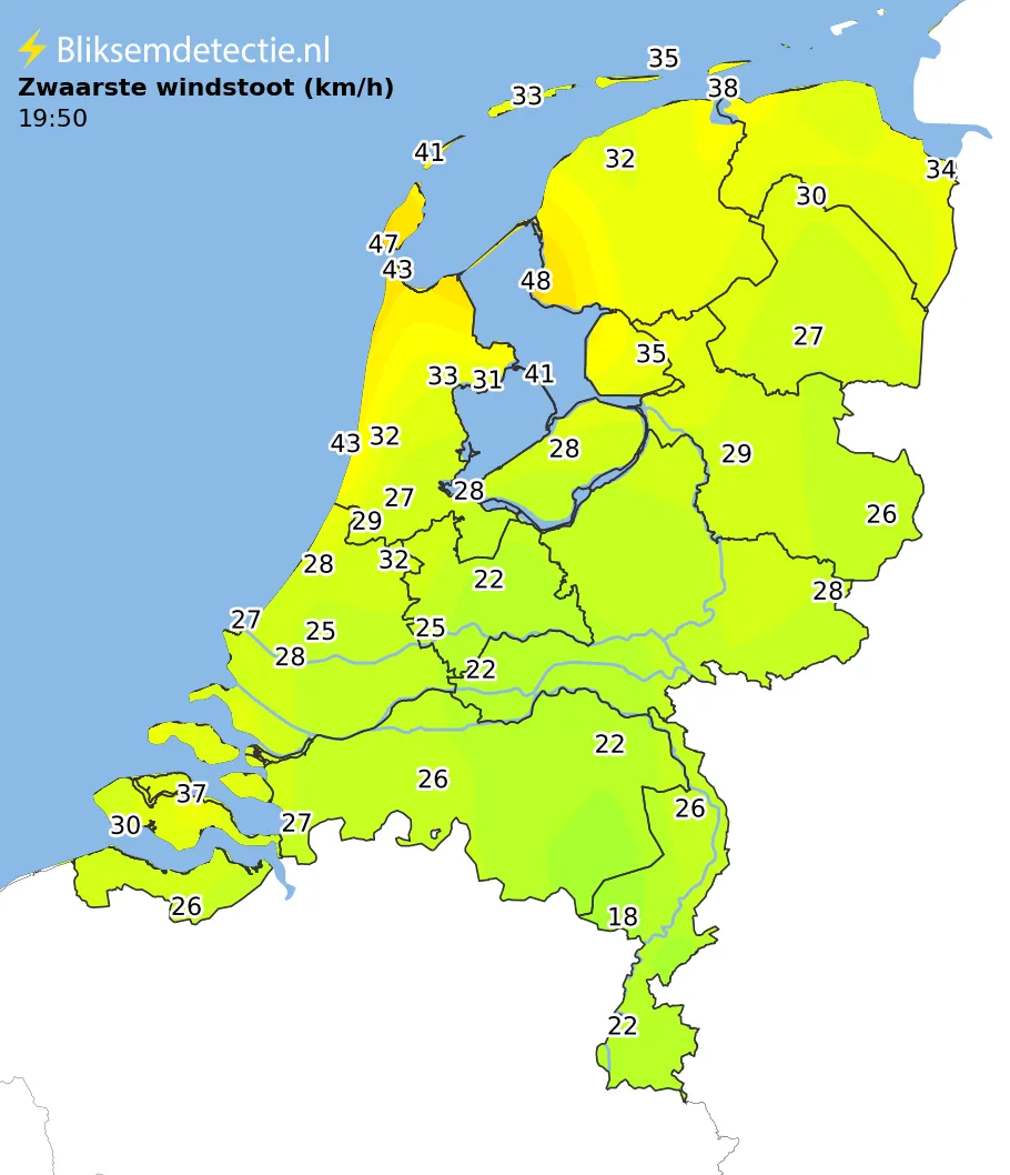 Zwaarste windstoten kaart Nederland