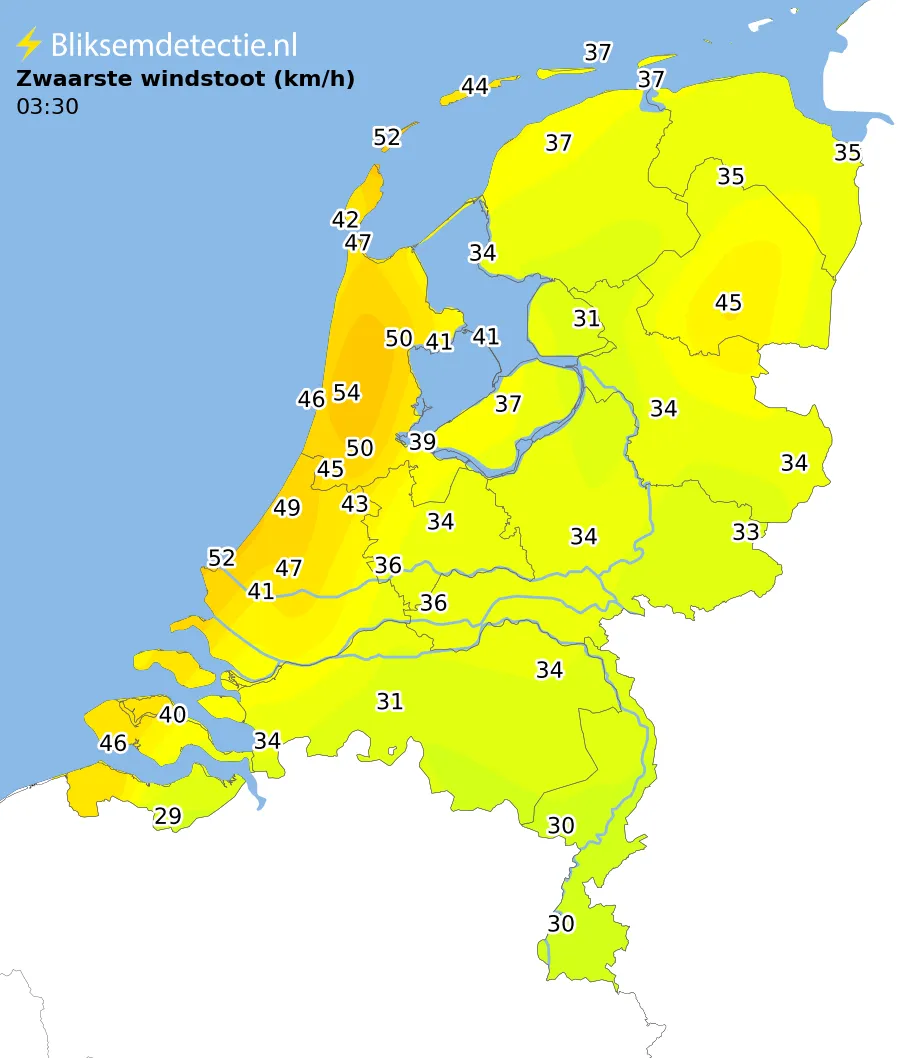 Zwaarste windstoten kaart Nederland